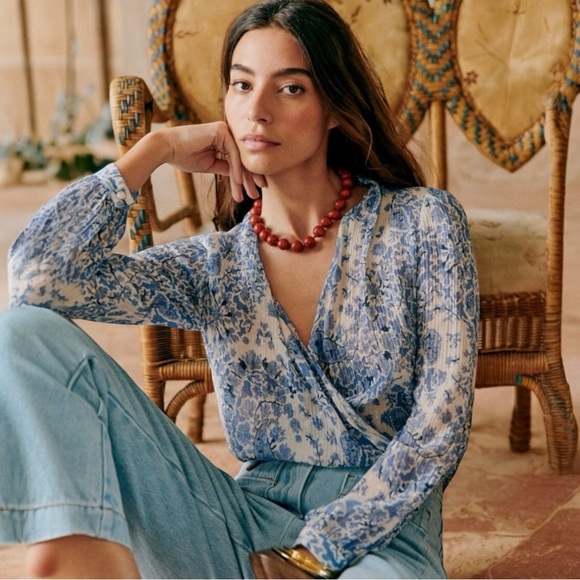 Sezane Tops - Sezane Amelia Blue and White Floral V Neck Faux Wrap Blouse